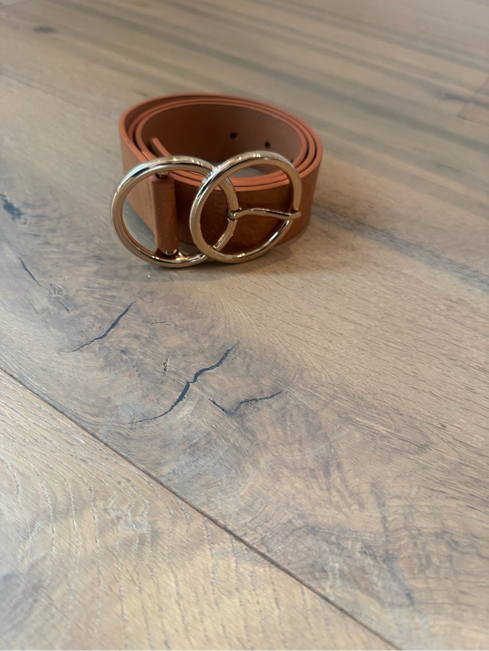 Express Women's Tan Belt with Double Gold Round Buckles